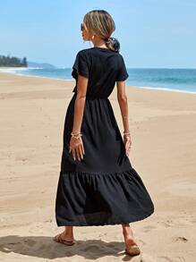 RueChic 女式黑色 V 领收腰宽松中长连衣裙，短袖