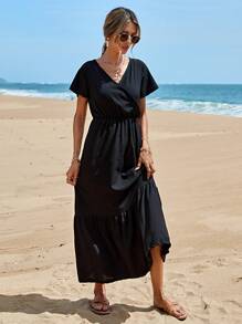 RueChic 女式黑色 V 领收腰宽松中长连衣裙，短袖