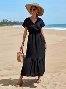 RueChic 女式黑色 V 领收腰宽松中长连衣裙，短袖