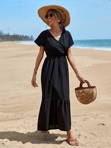 RueChic 女式黑色 V 领收腰宽松中长连衣裙，短袖