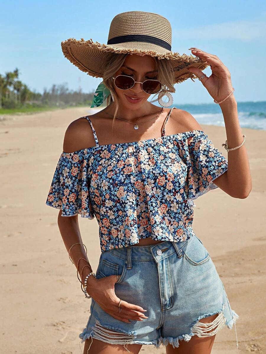 SHEIN Cottnline Allover Floral Print Cold Shoulder Blouse - Multicolor - View 1