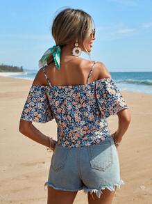 SHEIN Cottnline Allover Floral Print Cold Shoulder Blouse - Multicolor - View 2