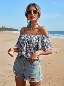 SHEIN Cottnline Allover Floral Print Cold Shoulder Blouse - Multicolor - View 3