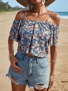 SHEIN Cottnline Allover Floral Print Cold Shoulder Blouse - Multicolor - View 4