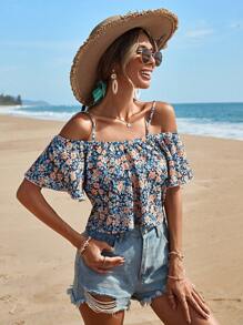 SHEIN Cottnline Allover Floral Print Cold Shoulder Blouse - Multicolor - View 6