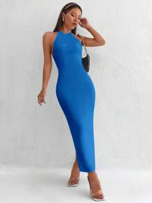 SHEIN PETITE 性感露背 扭結 高衩純色女士連衣裙 - 寶藍色 - 查看 3