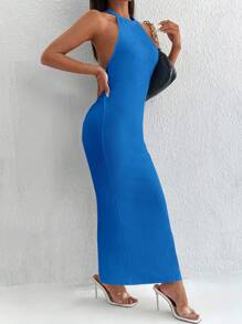 SHEIN PETITE 性感露背 扭結 高衩純色女士連衣裙 - 寶藍色 - 查看 4