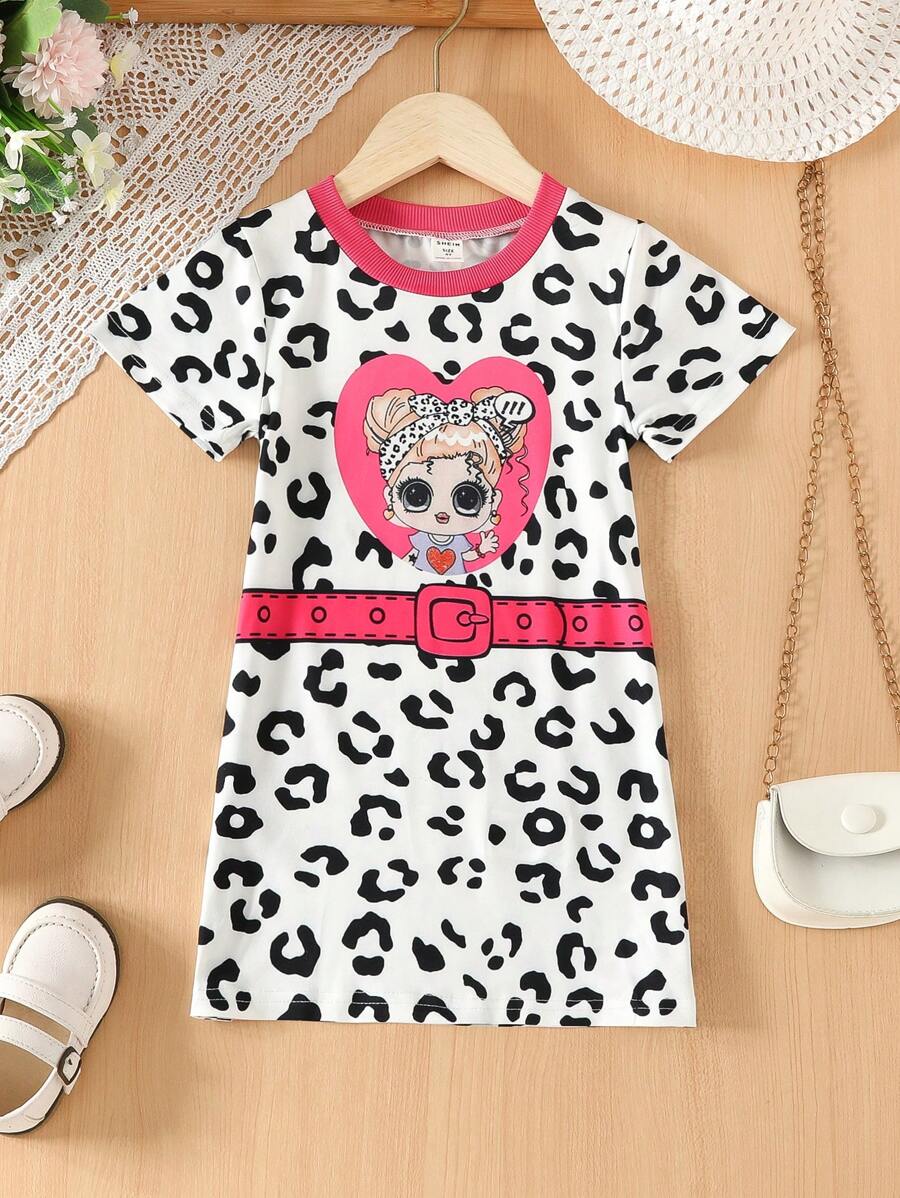 小女童豹紋&人像圖案滾邊T恤連衣裙 - 黑與白 - 查看 1