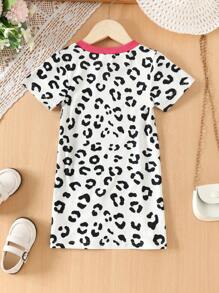 小女童豹紋&人像圖案滾邊T恤連衣裙 - 黑與白 - 查看 2