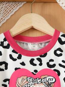 小女童豹紋&人像圖案滾邊T恤連衣裙 - 黑與白 - 查看 4