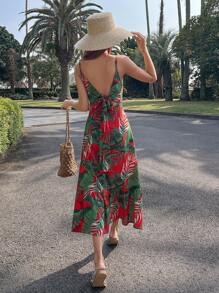 DAZY Đầm Lộ Lưng Viên lá sen Buộc lại Nhiệt đới Boho - Đỏ - Xem 1