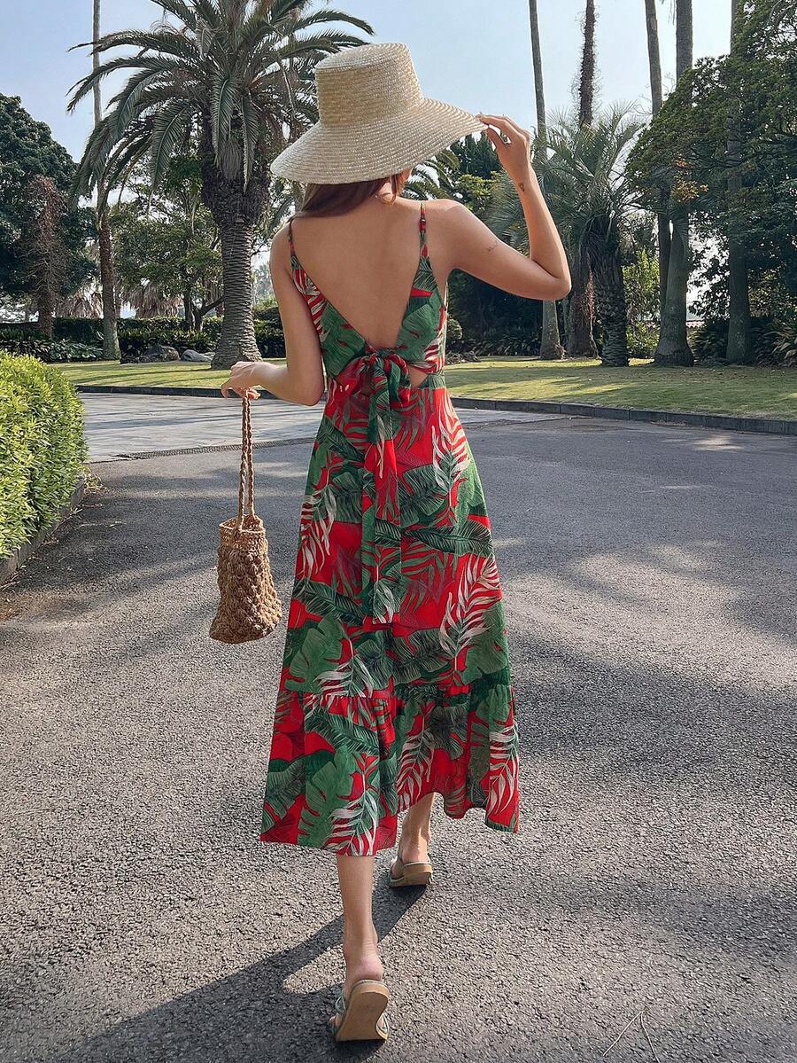 DAZY Đầm Lộ Lưng Viên lá sen Buộc lại Nhiệt đới Boho - Đỏ - Xem 1