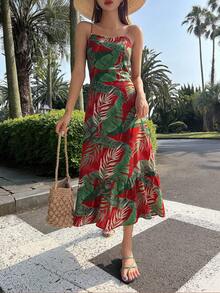 DAZY Đầm Lộ Lưng Viên lá sen Buộc lại Nhiệt đới Boho - Đỏ - Xem 2