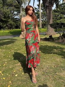 DAZY Đầm Lộ Lưng Viên lá sen Buộc lại Nhiệt đới Boho - Đỏ - Xem 3