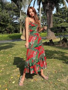 DAZY Đầm Lộ Lưng Viên lá sen Buộc lại Nhiệt đới Boho - Đỏ - Xem 4