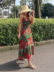 DAZY Đầm Lộ Lưng Viên lá sen Buộc lại Nhiệt đới Boho - Đỏ - Xem 7