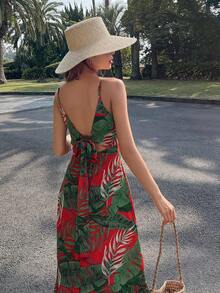 DAZY Đầm Lộ Lưng Viên lá sen Buộc lại Nhiệt đới Boho - Đỏ - Xem 8