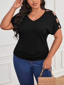 SHEIN LUNE Skära Ut Enkel Enkel Plus Size T-shirt - Svart - Visa 3