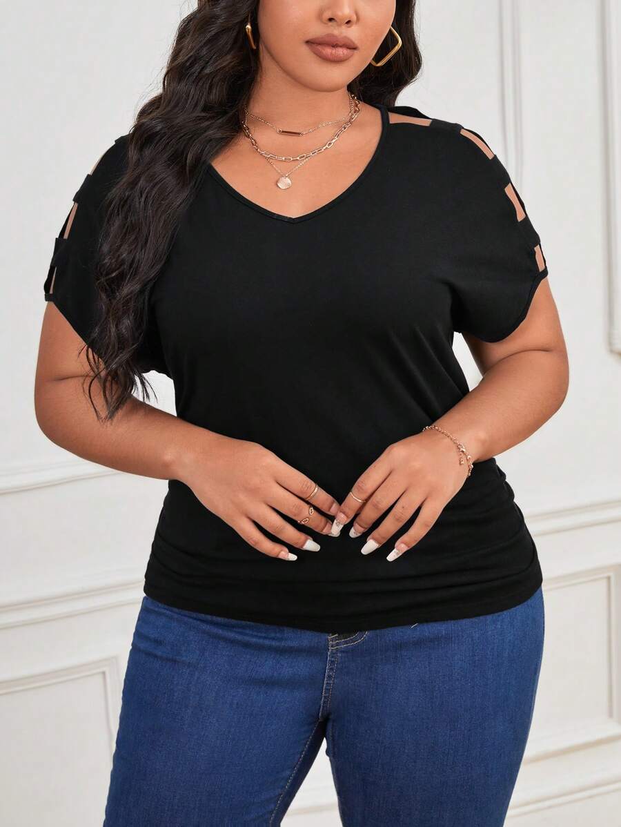 SHEIN LUNE Skära Ut Enkel Enkel Plus Size T-shirt - Svart - Visa 1