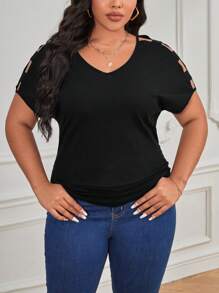 SHEIN LUNE Skära Ut Enkel Enkel Plus Size T-shirt - Svart - Visa 5