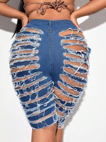 SHEIN SXY 口袋 不收邊 破洞純色大碼牛仔短褲 - 中等水洗藍 - 查看 2
