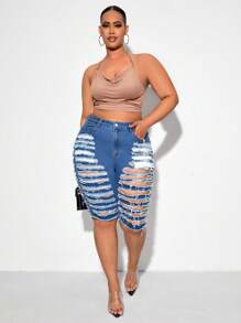 SHEIN SXY 口袋 不收邊 破洞純色大碼牛仔短褲 - 中等水洗藍 - 查看 4