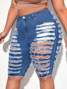 SHEIN SXY 口袋 不收邊 破洞純色大碼牛仔短褲 - 中等水洗藍 - 查看 5