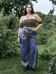 ROMWE Goth Plus Lace Up Front Crop Knit Top - Coffee Brown - View 5