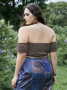 ROMWE Goth Plus Lace Up Front Crop Knit Top - Coffee Brown - View 3