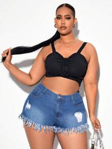 SHEIN SXY Plus Ripped Raw Hem Denim Shorts - Medium Wash - View 3