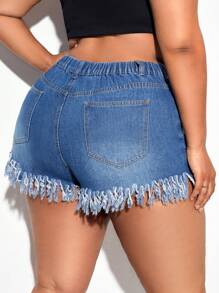 SHEIN SXY Plus Ripped Raw Hem Denim Shorts - Medium Wash - View 1