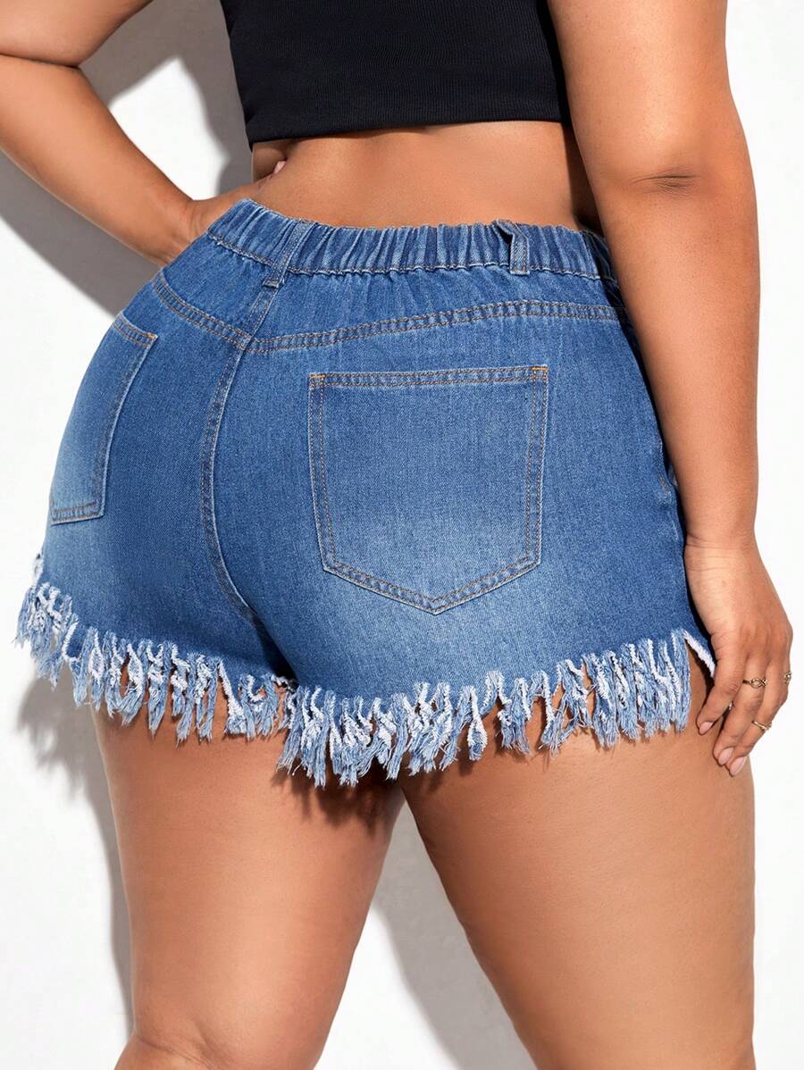 SHEIN SXY Plus Ripped Raw Hem Denim Shorts - Medium Wash - View 1