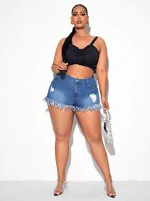 SHEIN SXY Plus Ripped Raw Hem Denim Shorts - Medium Wash - View 5