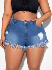 SHEIN SXY Plus Ripped Raw Hem Denim Shorts - Medium Wash - View 4
