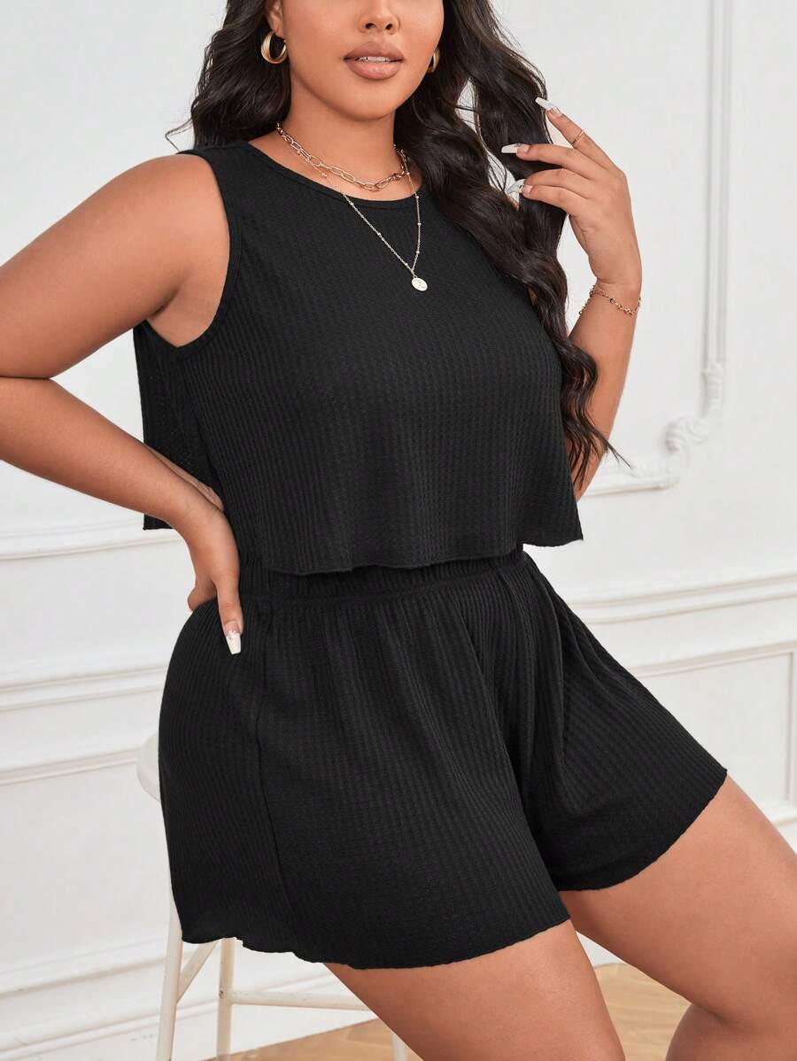 SHEIN Essnce Bộ thời trang Plus Size màu trơn Giải trí - màu đen - Xem 1