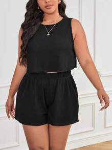 SHEIN Essnce Bộ thời trang Plus Size màu trơn Giải trí - màu đen - Xem 3