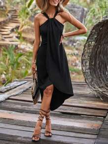SHEIN VCAY Vestido de tirantes unicolor bajo cruzado - Negro - Ver 1