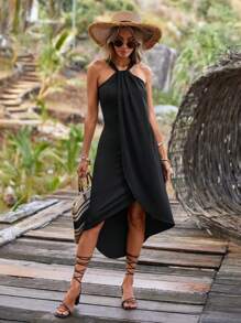 SHEIN VCAY Vestido de tirantes unicolor bajo cruzado - Negro - Ver 3