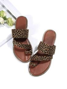 Women Comfortable Dalmatian Print Flat Sandals, Elegant Summer Faux Suede Thong Sandals