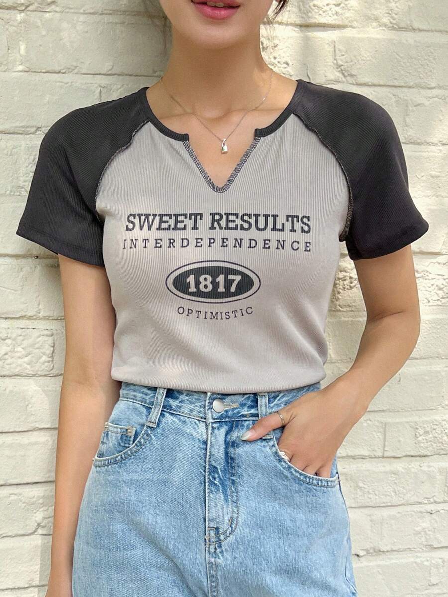 DAZY Letter Graphic Notched Neckline Raglan Sleeve Tee - Grey - View 1