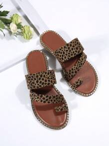 Women Comfortable Dalmatian Print Flat Sandals, Elegant Summer Faux Suede Thong Sandals