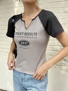 DAZY Letter Graphic Notched Neckline Raglan Sleeve Tee - Grey - View 3