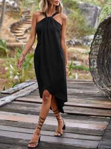 SHEIN VCAY Vestido de tirantes unicolor bajo cruzado - Negro - Ver 5