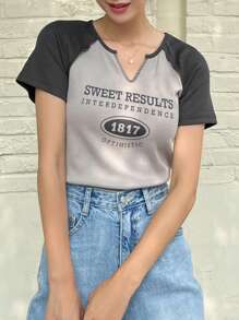 DAZY Letter Graphic Notched Neckline Raglan Sleeve Tee - Grey - View 4