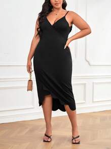 SHEIN Unity Plus Scallop Trim Asymmetrical Hem Cami Dress - Black - View 3