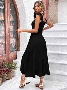 SHEIN Frenchy Solid Ruffle Trim A-line Dress - Black - View 2