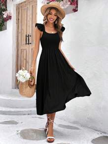 SHEIN Frenchy Solid Ruffle Trim A-line Dress - Black - View 3