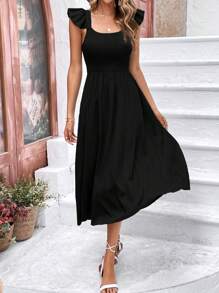 SHEIN Frenchy Solid Ruffle Trim A-line Dress - Black - View 4