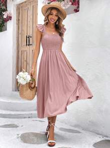 SHEIN Frenchy Đầm Xù Dải chun màu trơn Boho - Hồng - Xem 4