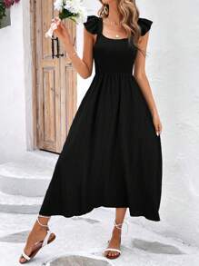 SHEIN Frenchy Solid Ruffle Trim A-line Dress - Black - View 5